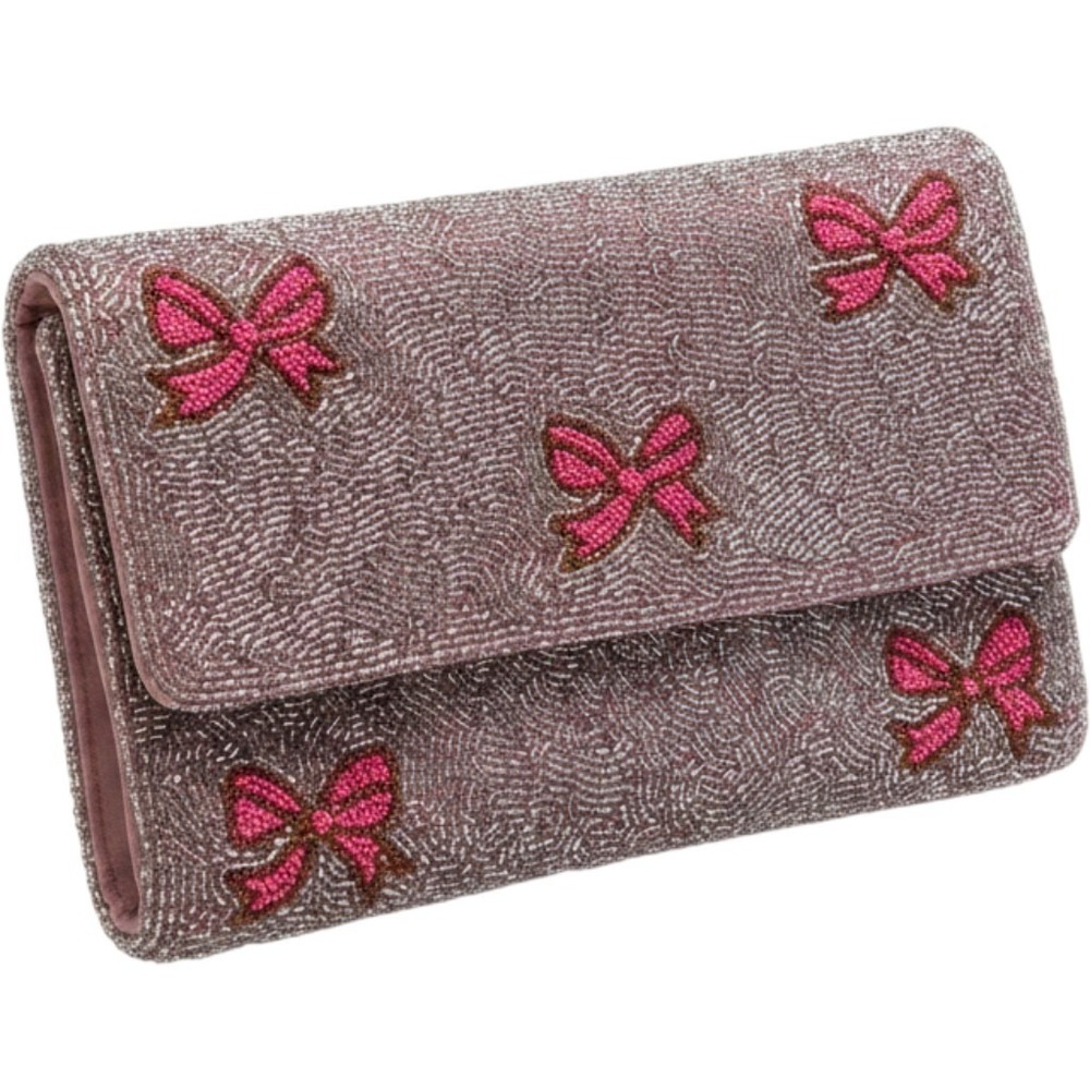 Pink Beaded Bow Envelope Clutch Bag Silver Seed Bead Handbag with Chain Strap